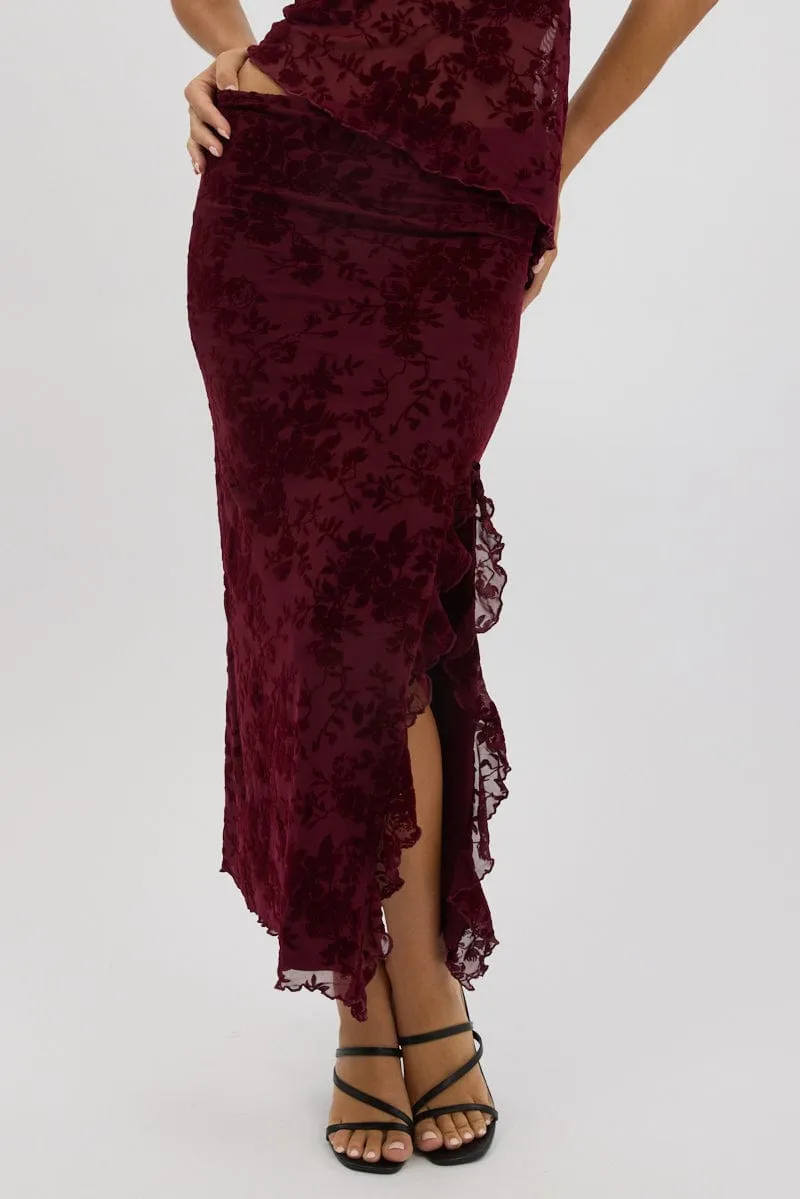 Aesthetic Look Red Maxi Skirt High Rise Ruffle Frill Hem Burnout