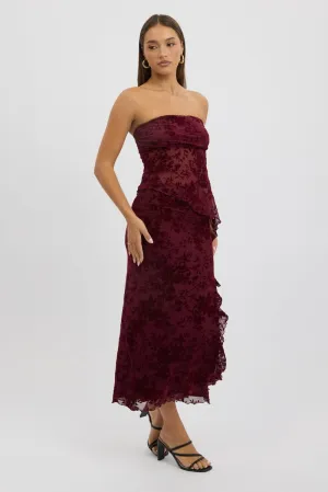 Red Maxi Skirt High Rise Ruffle Frill Hem Burnout Summer Outfit Knitted Fabric