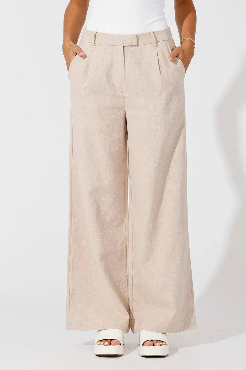 Easy Movement Beige Wide Leg Pants High Rise Tailored