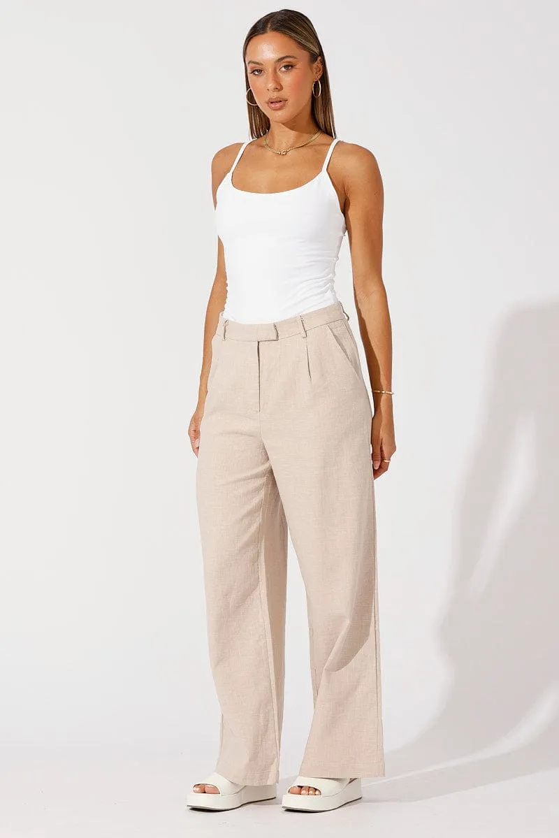 Beige Wide Leg Pants High Rise Tailored Sleek Style Ripstop Reinforcement
