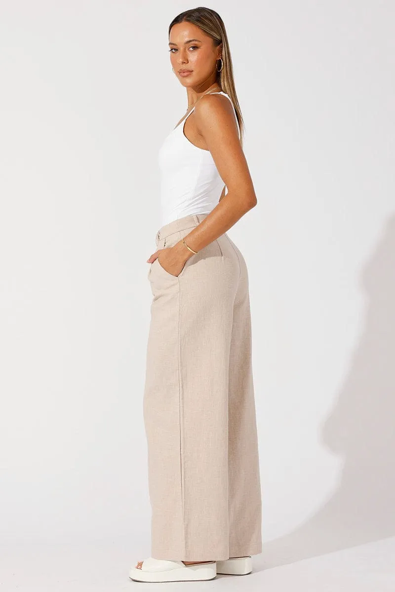 Beige Wide Leg Pants High Rise Tailored Low Maintenance Curved Waistline