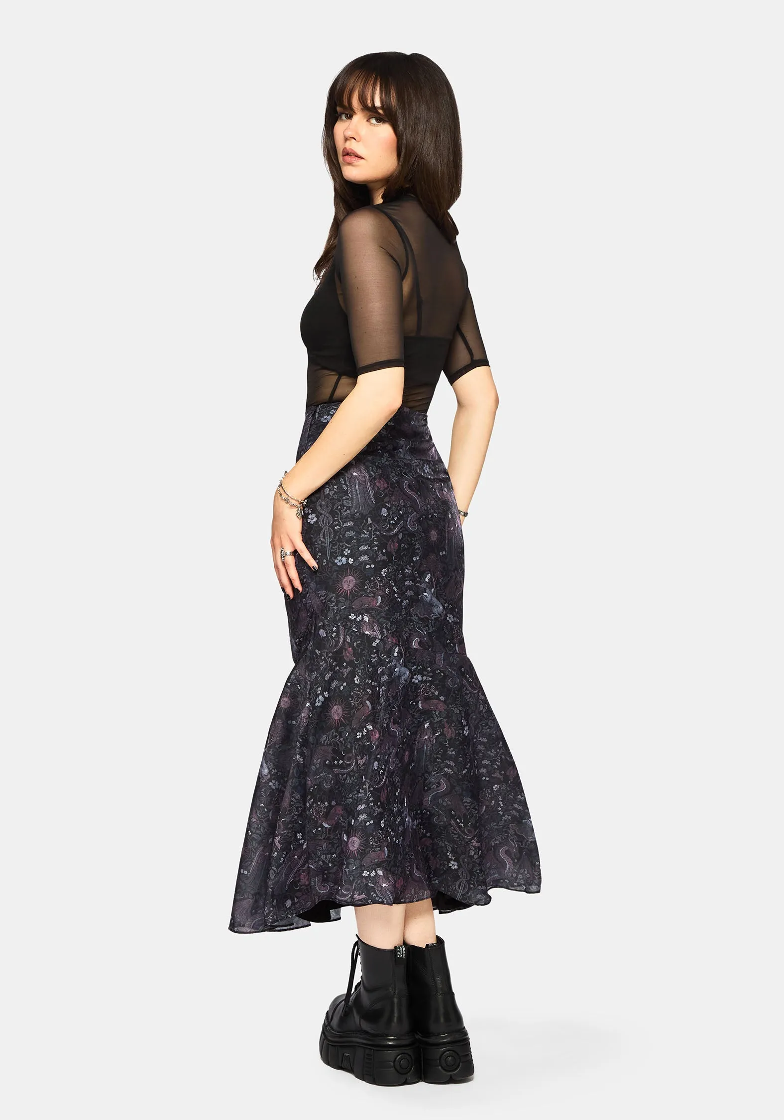 Knee Length Haunt Medieval Printed Asymmetric Midaxi Skirt