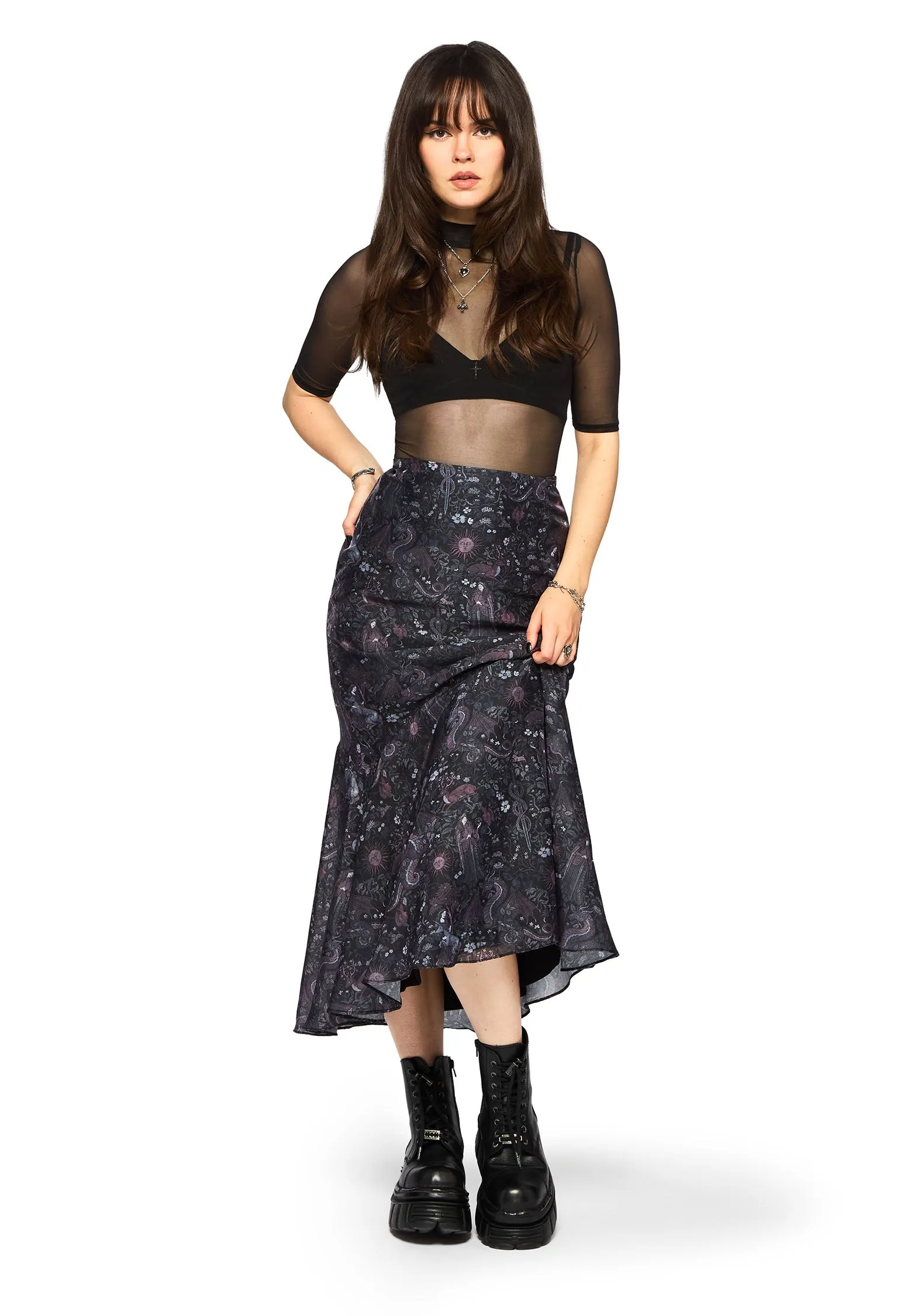 Haunt Medieval Printed Asymmetric Midaxi Skirt Year Round Style Daily Essential