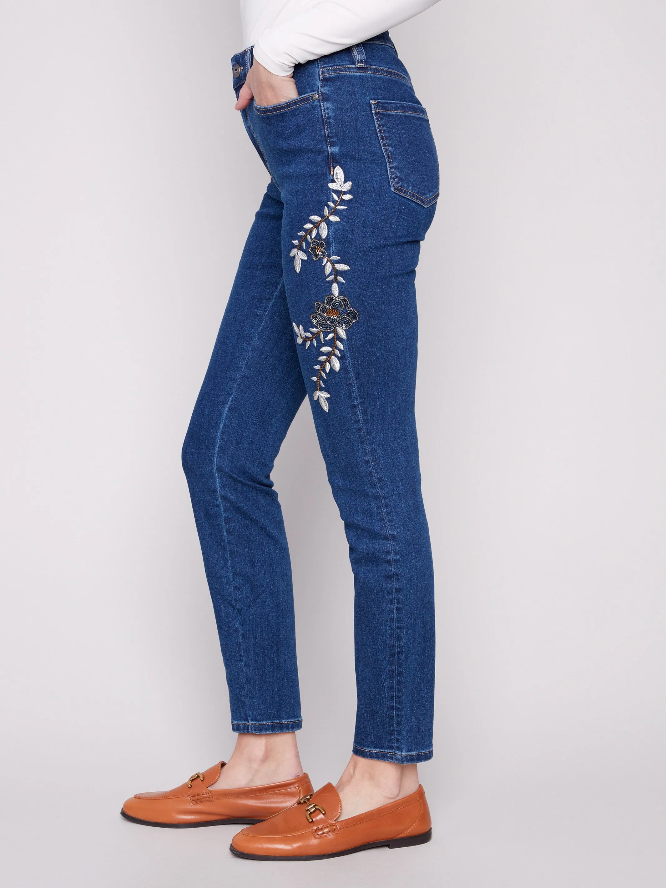 Elegant Minimalist Outdoor Adventure Beaded Embroidered Skinny Jeans - Indigo
