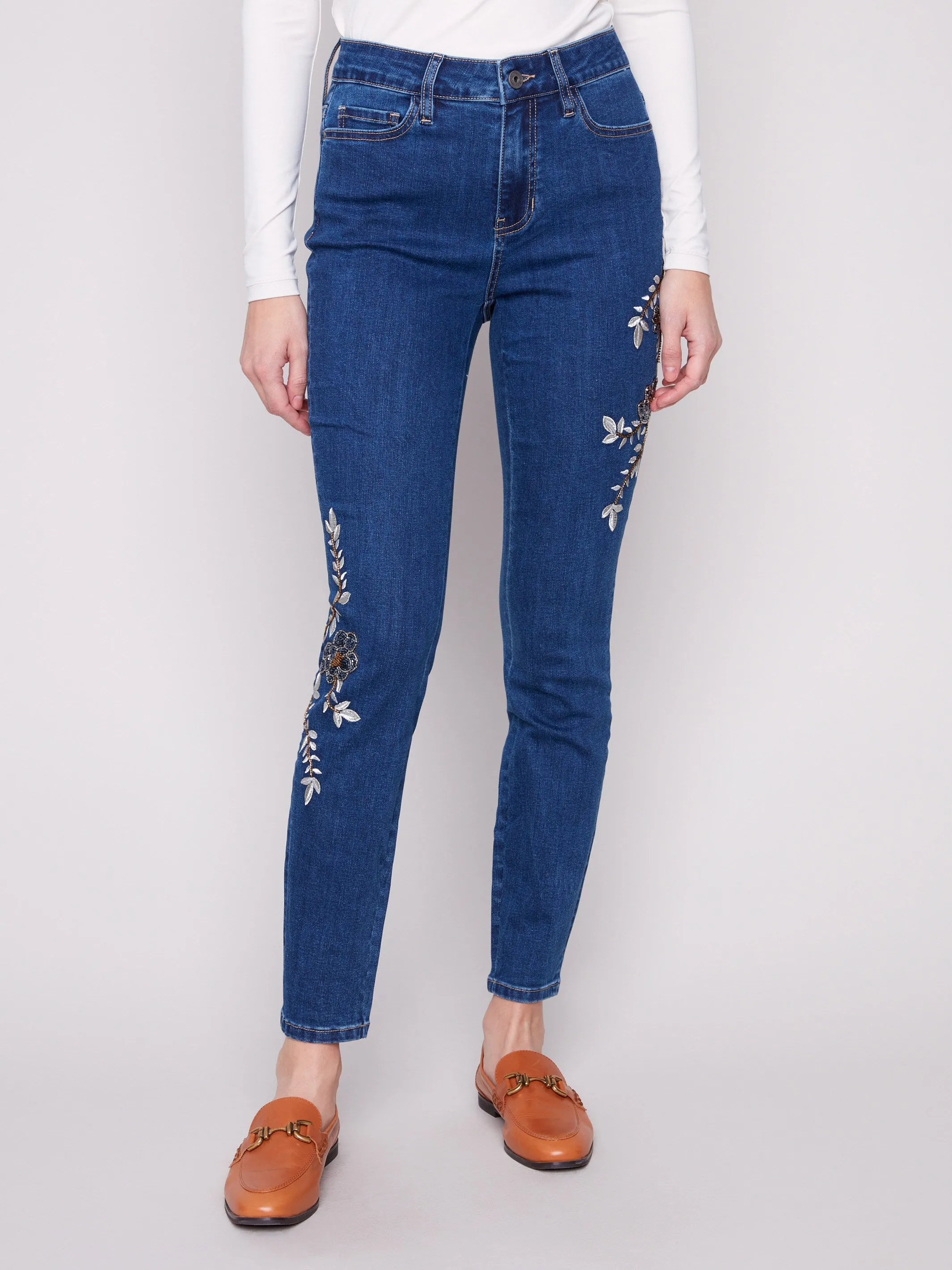 Loose Spring Mood Minimalist Trendy Everyday Beaded Embroidered Skinny Jeans - Indigo