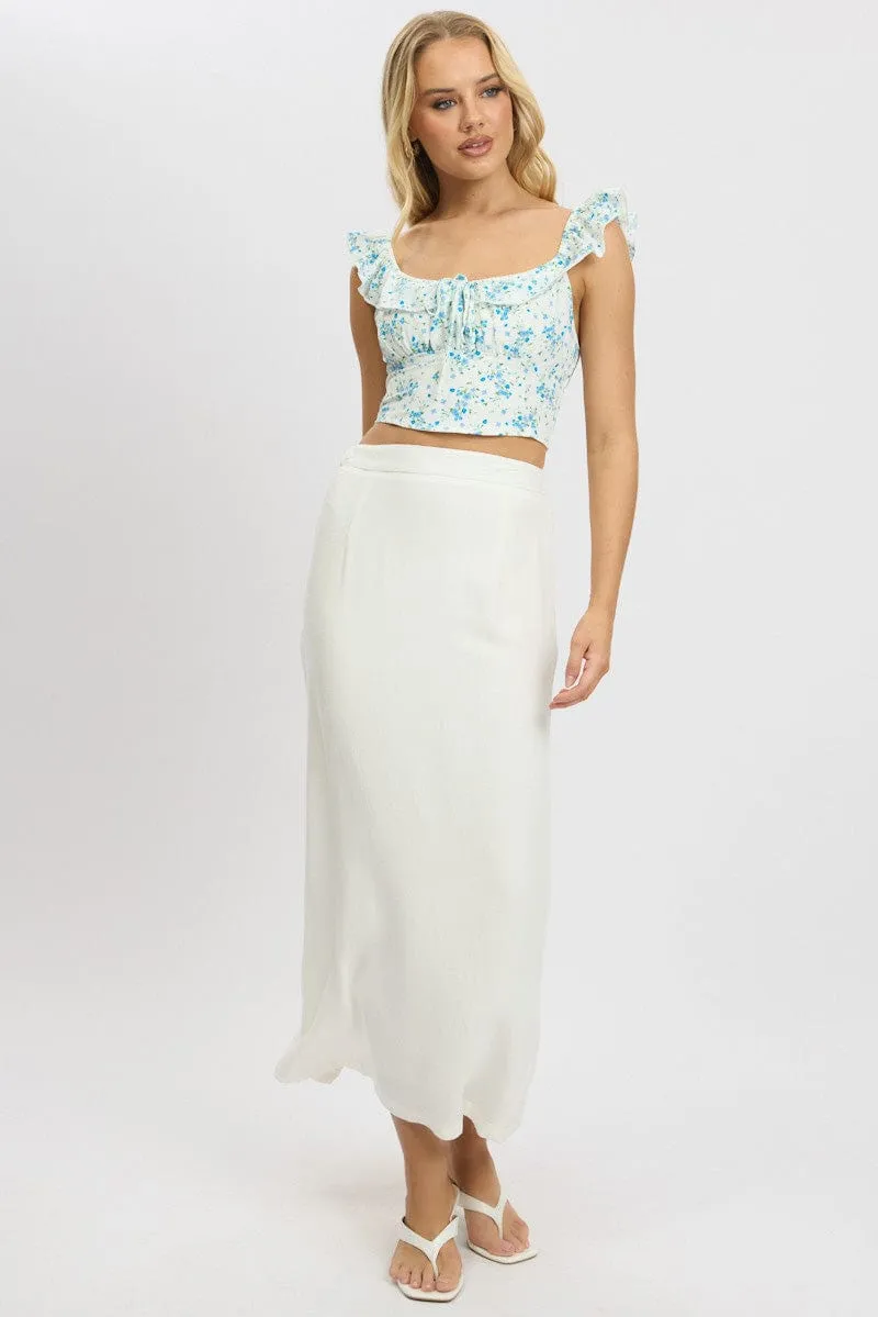 White Maxi Skirt High Rise Linen Blend Pencil Front Slit Velvet Finish
