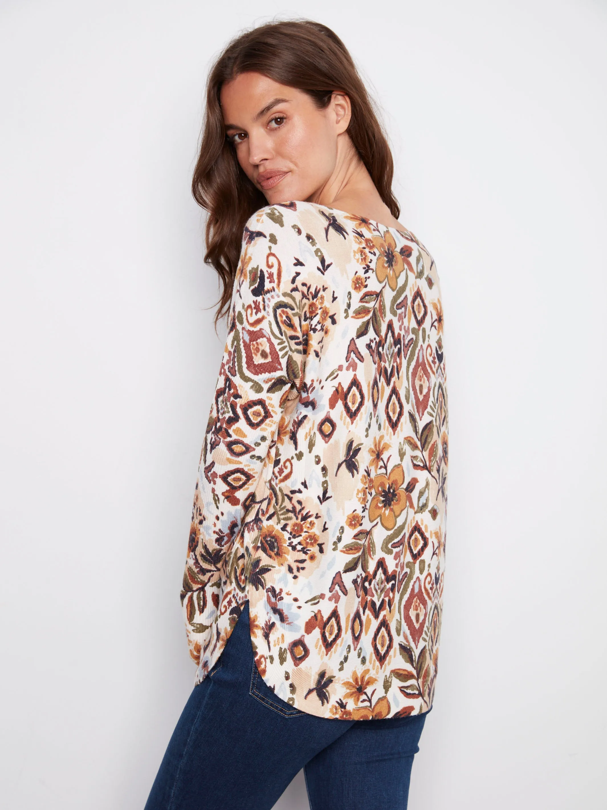 Colorfast Technology Printed Rounded Hem Sweater - Jacobean