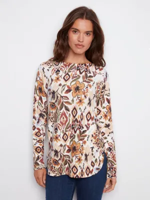 Softened Edges Cozy Touch Printed Rounded Hem Sweater - Jacobean