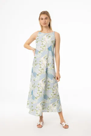 Blue Patchwork Printed Slip Dress Travel Vibe Surf Mood