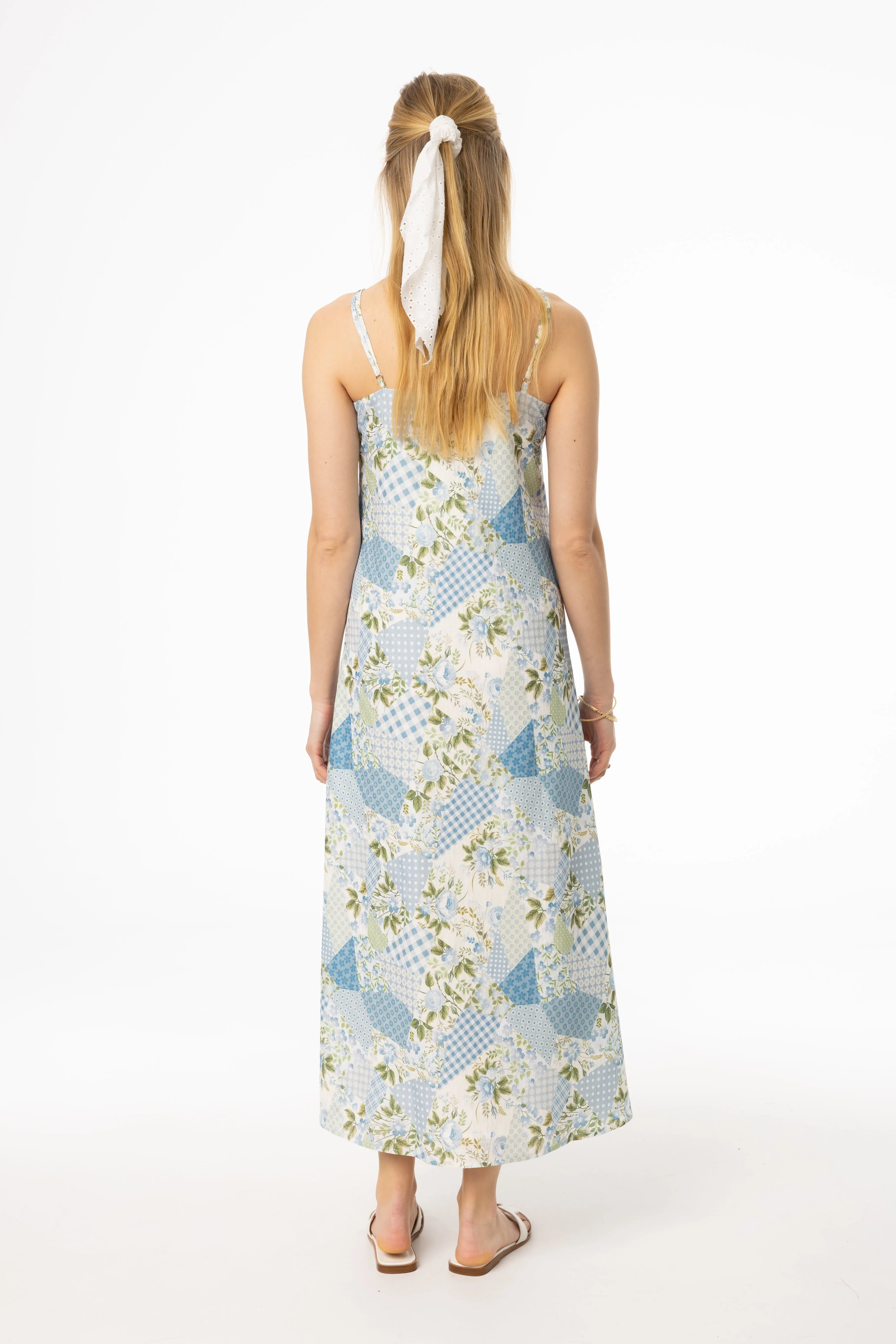 Warm Coat Blue Patchwork Printed Slip Dress