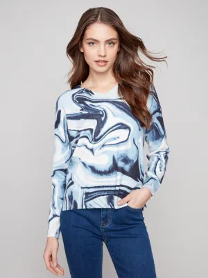 Breathable mesh lining All-Day Knitwear Printed Plush Knit V-Neck Sweater - Blue Swirl