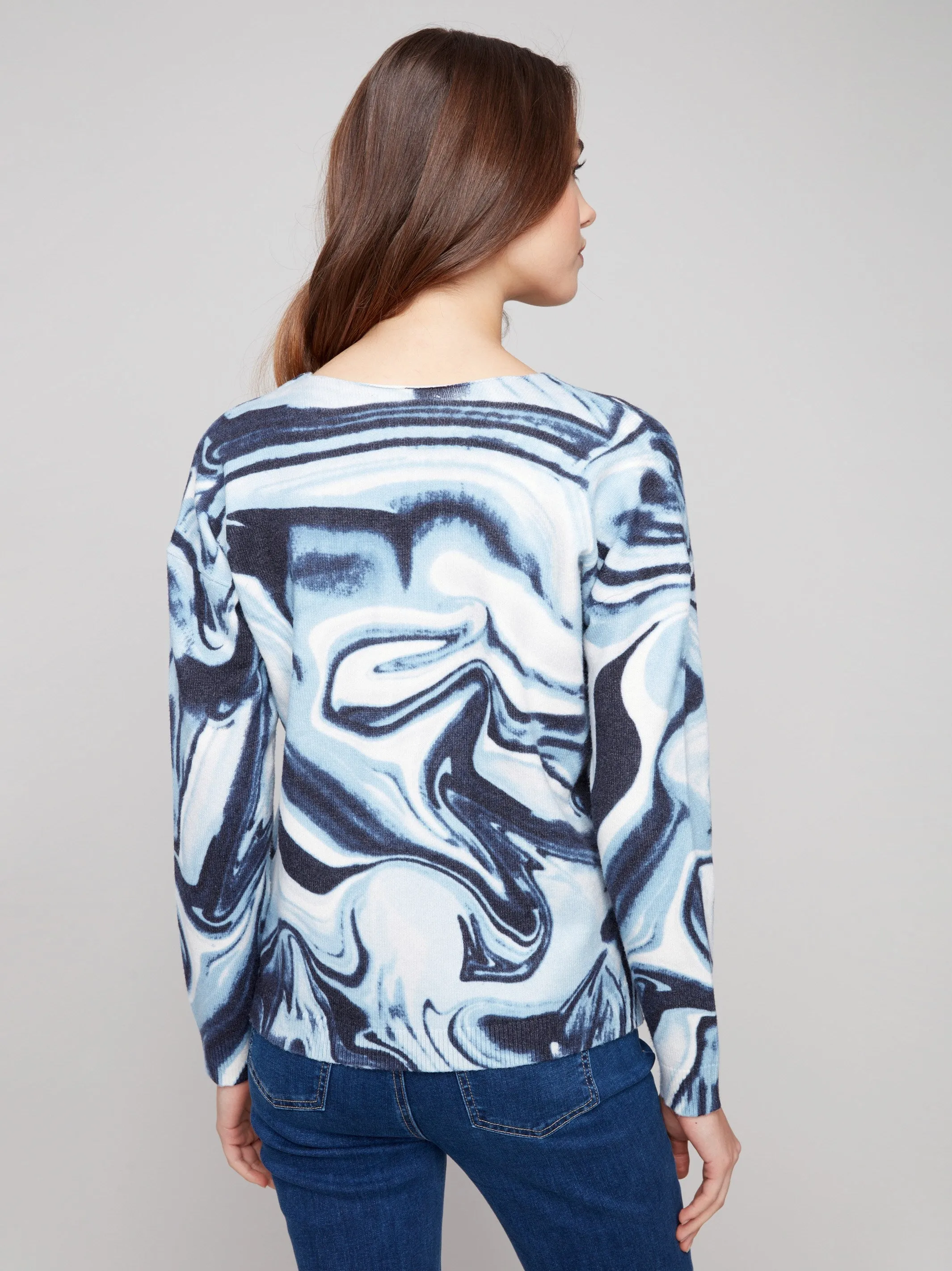 Casual Chic Printed Plush Knit V-Neck Sweater - Blue Swirl