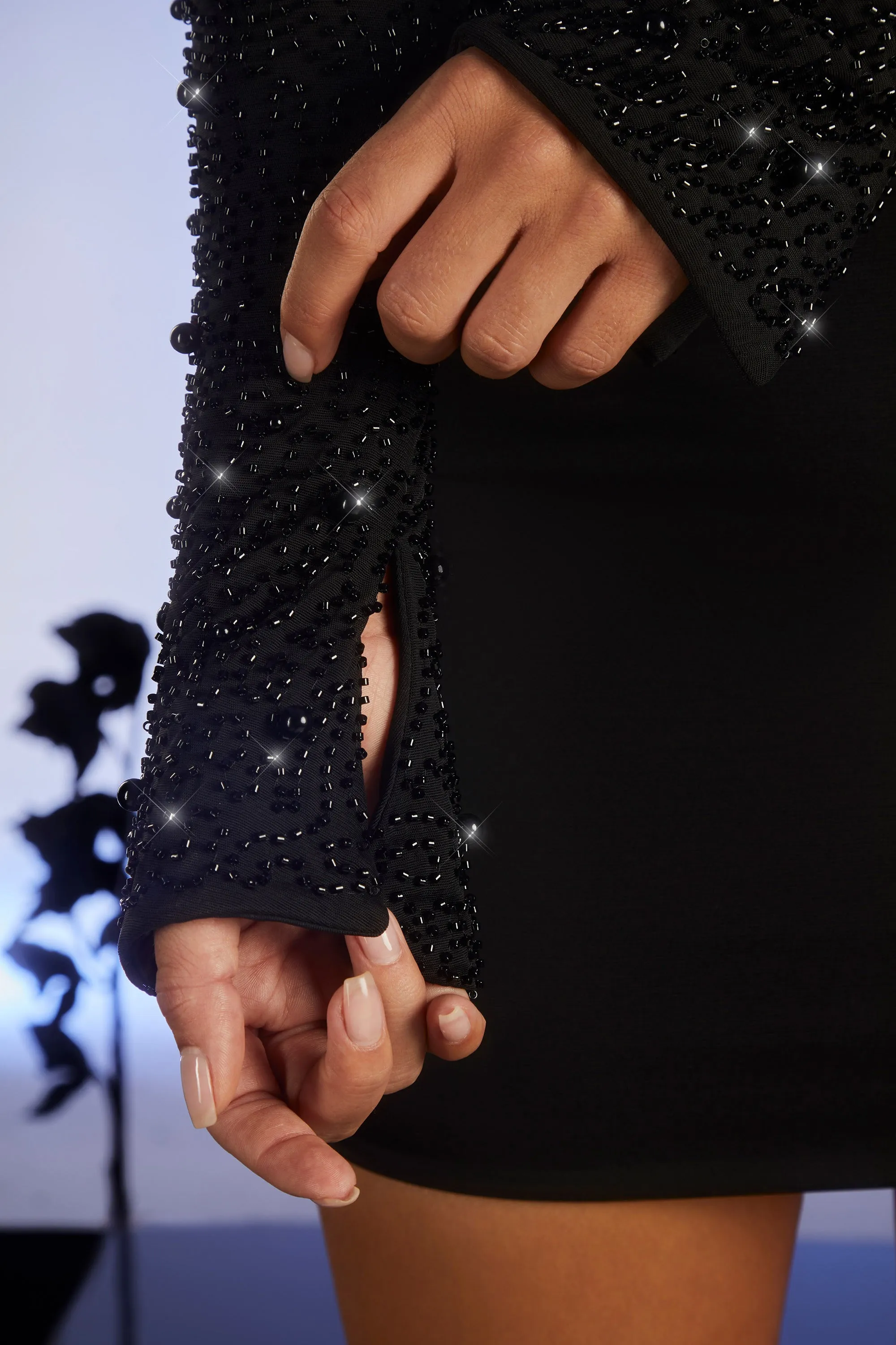 Embellished Long Sleeve Cut Out Mini Dress in Black Effortless Chic Wear