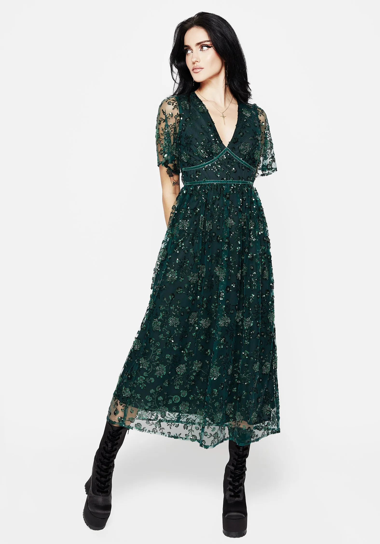 Glimmer Embroidered Sequin Lace Angel Sleeve Midaxi Dress Its versatile length ensures it can be worn for a variety of occasions from casual to formal Relaxed fit formal wear