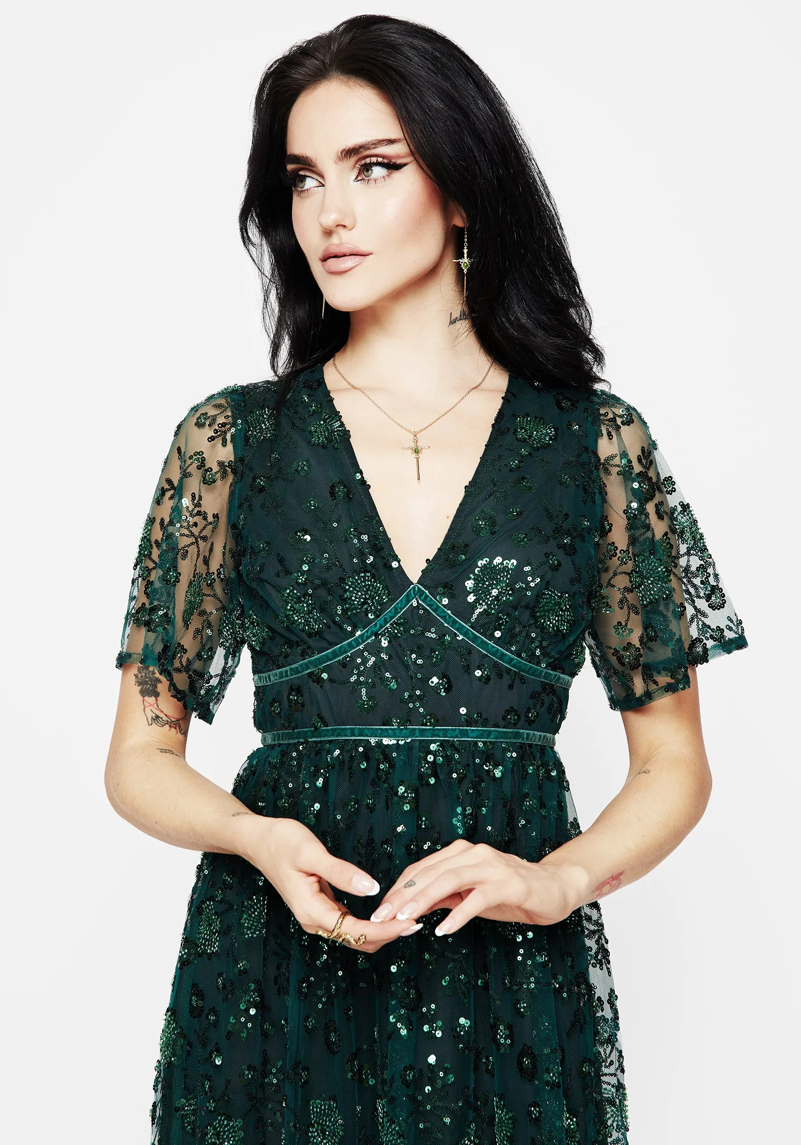 Practical long dress Autumn Gold Glimmer Embroidered Sequin Lace Angel Sleeve Midaxi Dress
