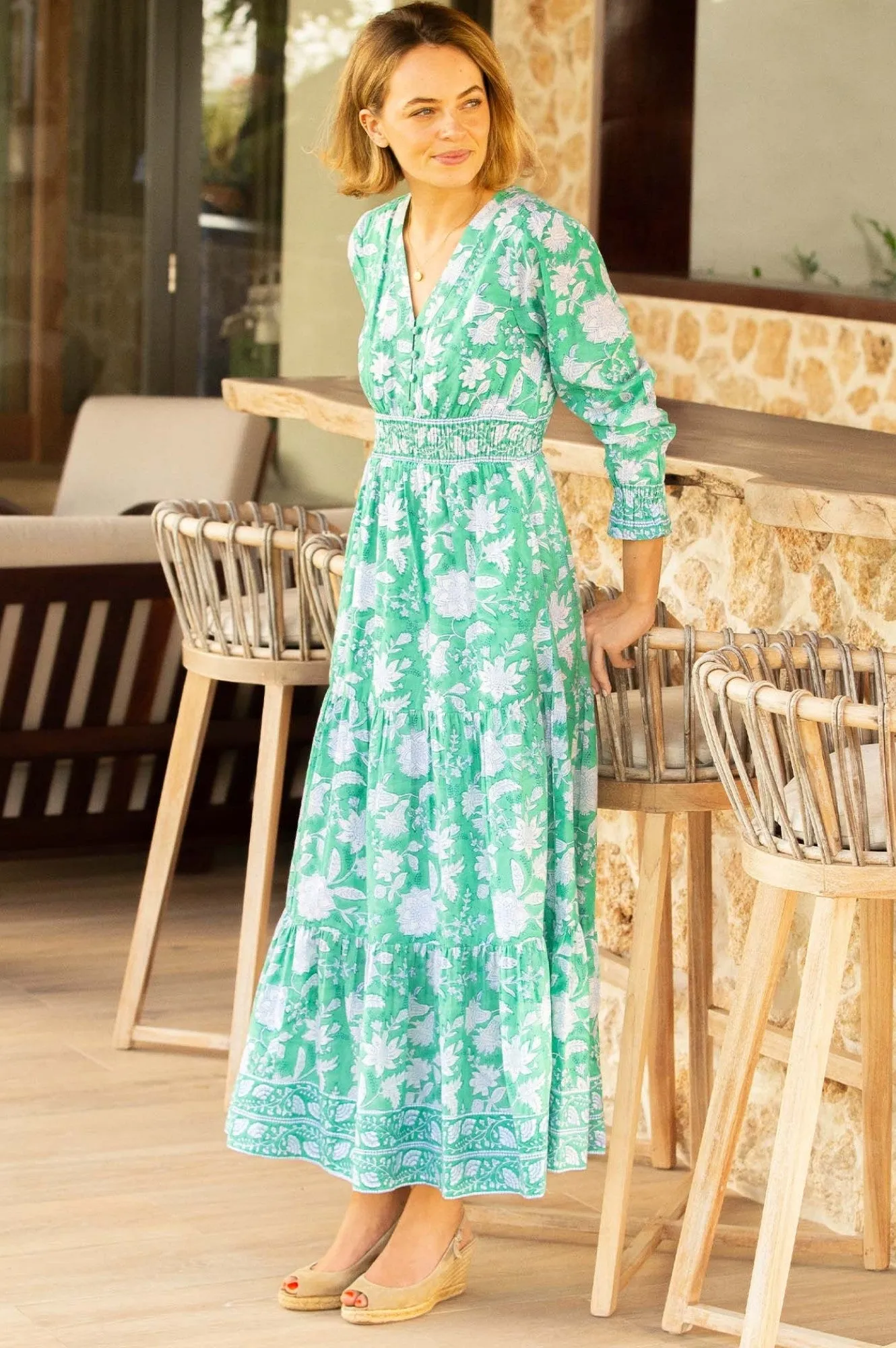 Billie Organic Cotton Block Print Dress | Lotus Green/Blue Bell Sleeve