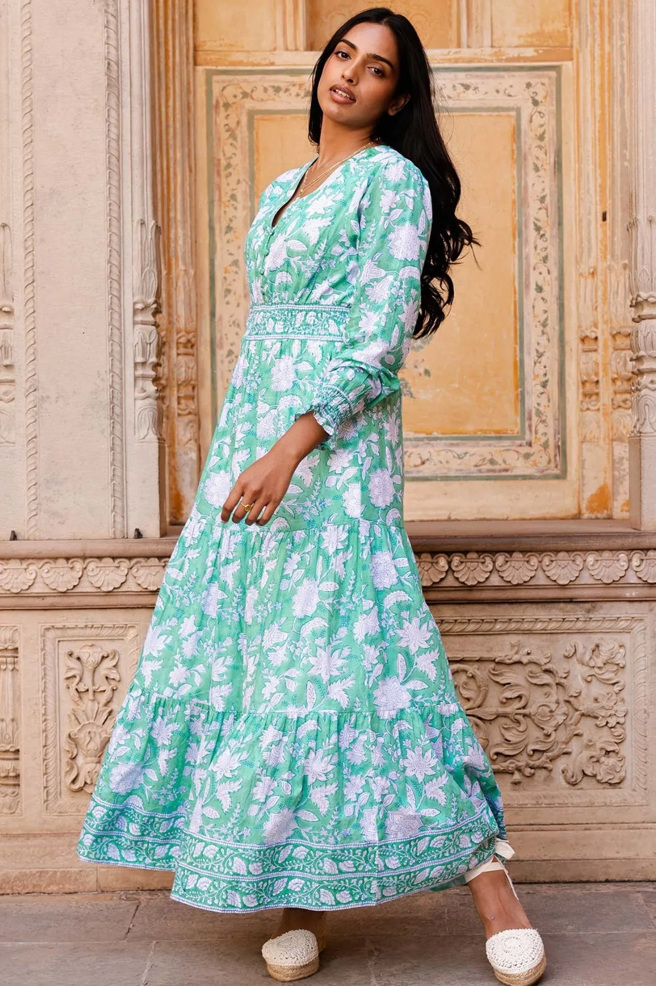 Billie Organic Cotton Block Print Dress | Lotus Green/Blue Relaxed and stylish dress