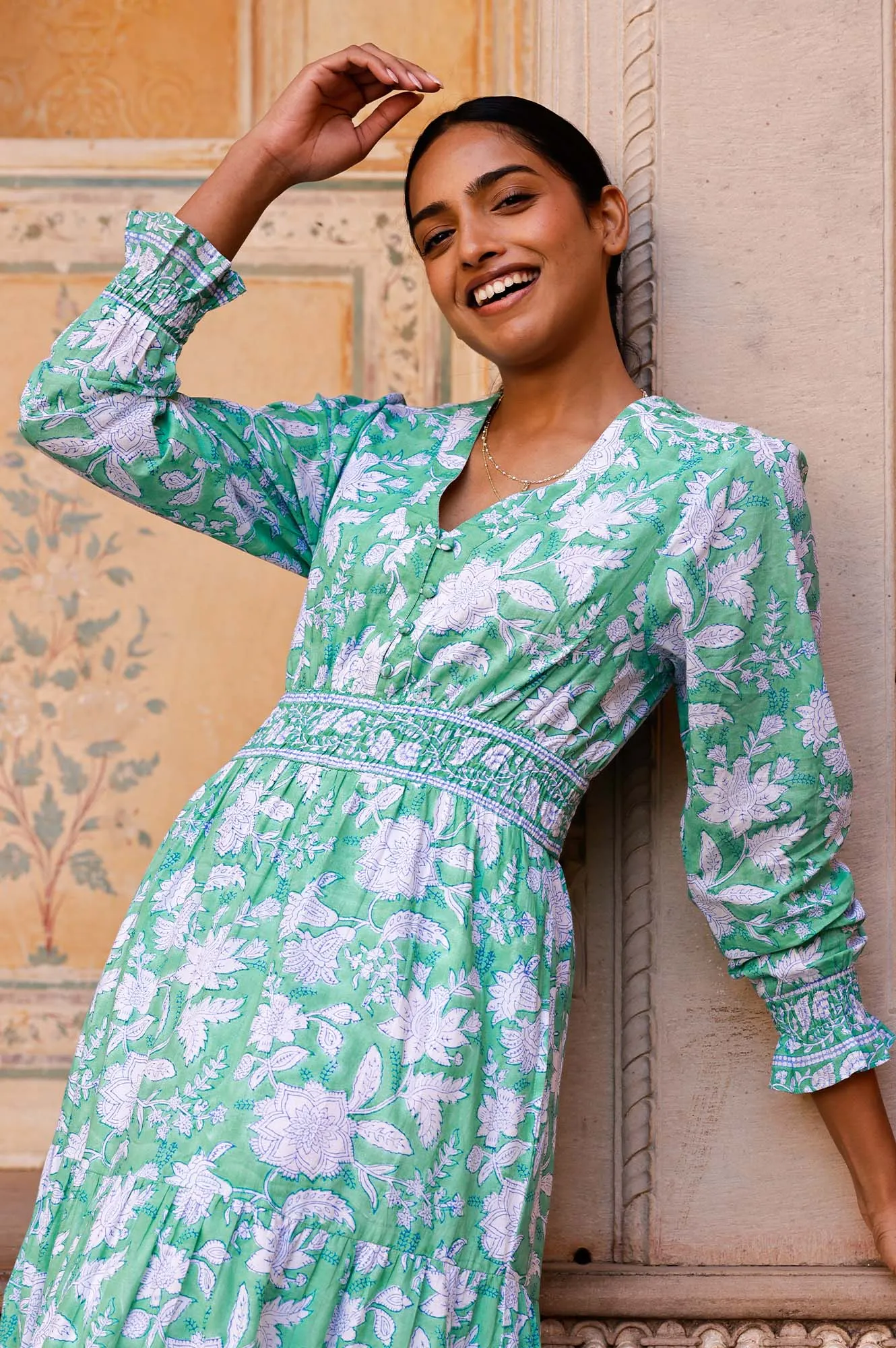 Cap Sleeve Billie Organic Cotton Block Print Dress | Lotus Green/Blue