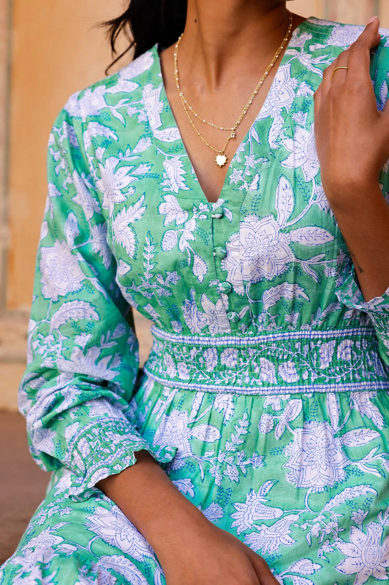 Billie Organic Cotton Block Print Dress | Lotus Green/Blue Sand Shore Harbor Light