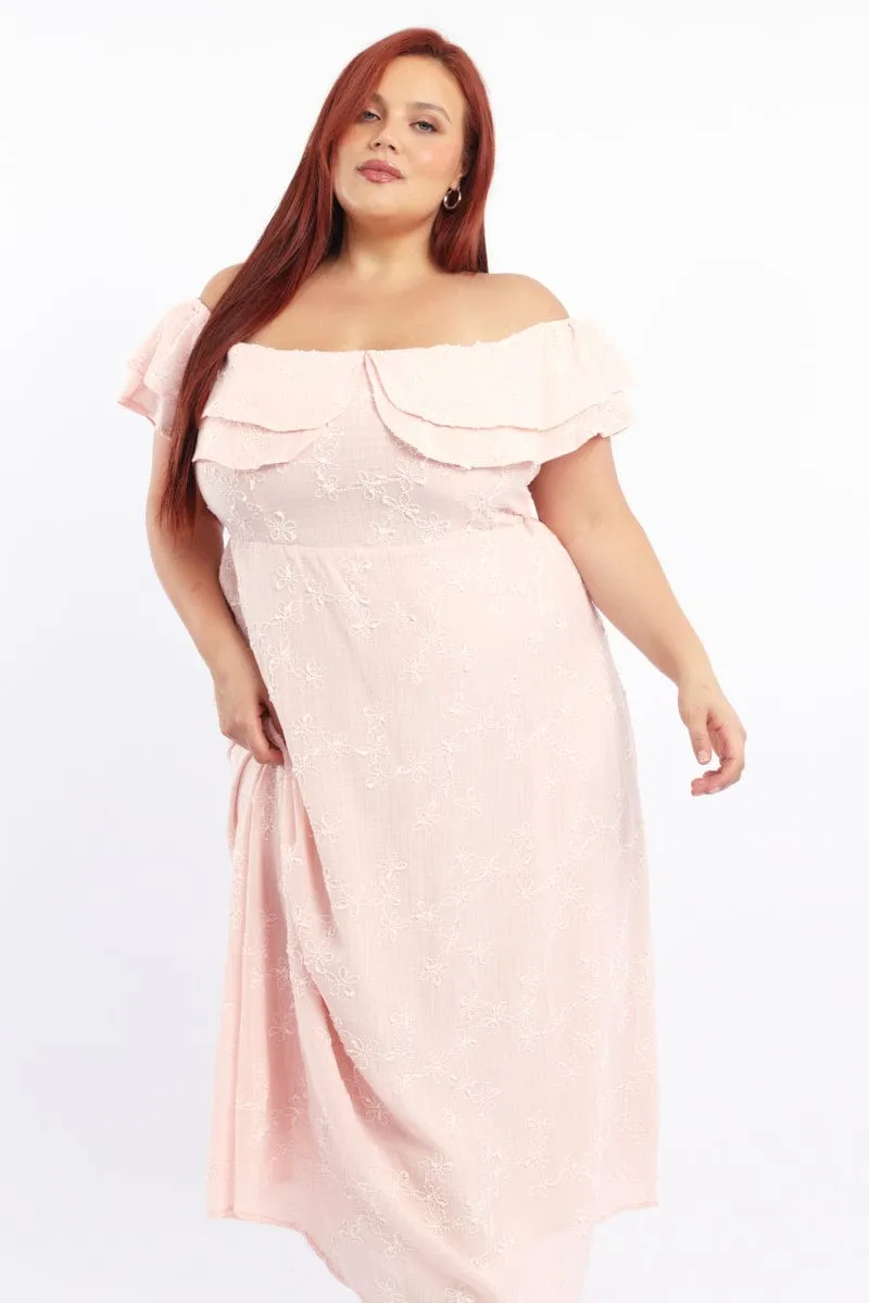 Beige Glow Pink Maxi Dress Off Shoulder Ruffle
