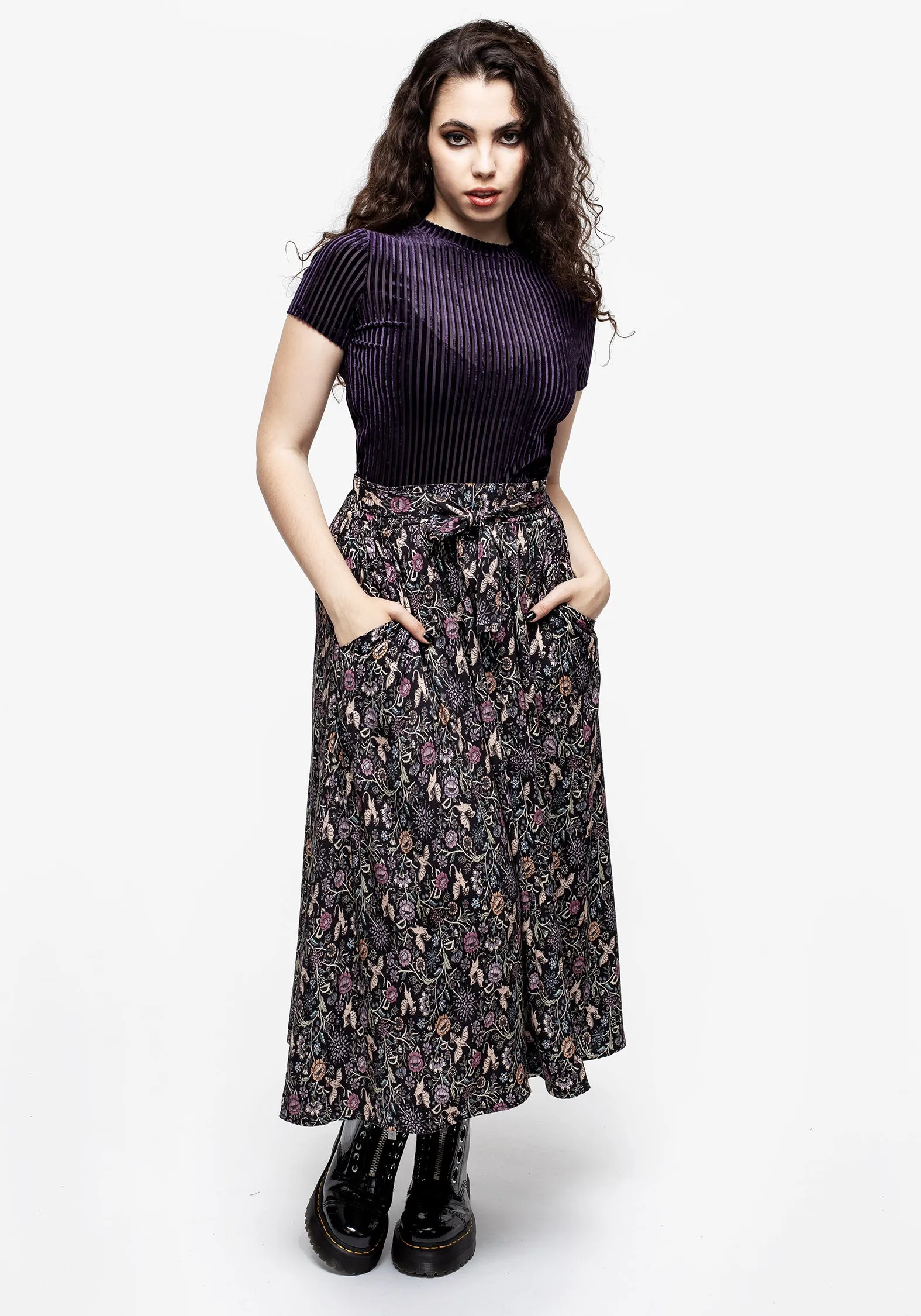 Snapdragon Tie Detail Midi Skirt Linen Cotton Mix