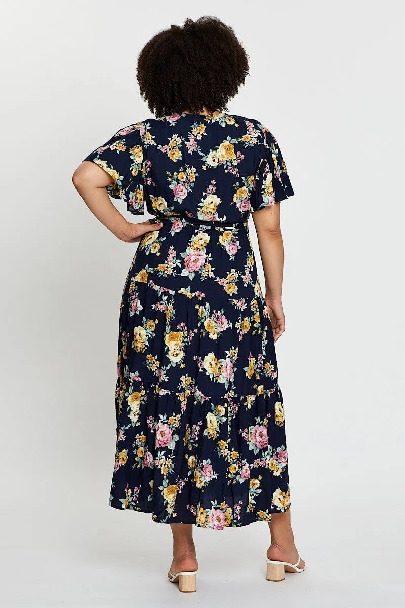 Fashionable long silhouette Floral Print Short Sleeve Tieredmaxi Dress