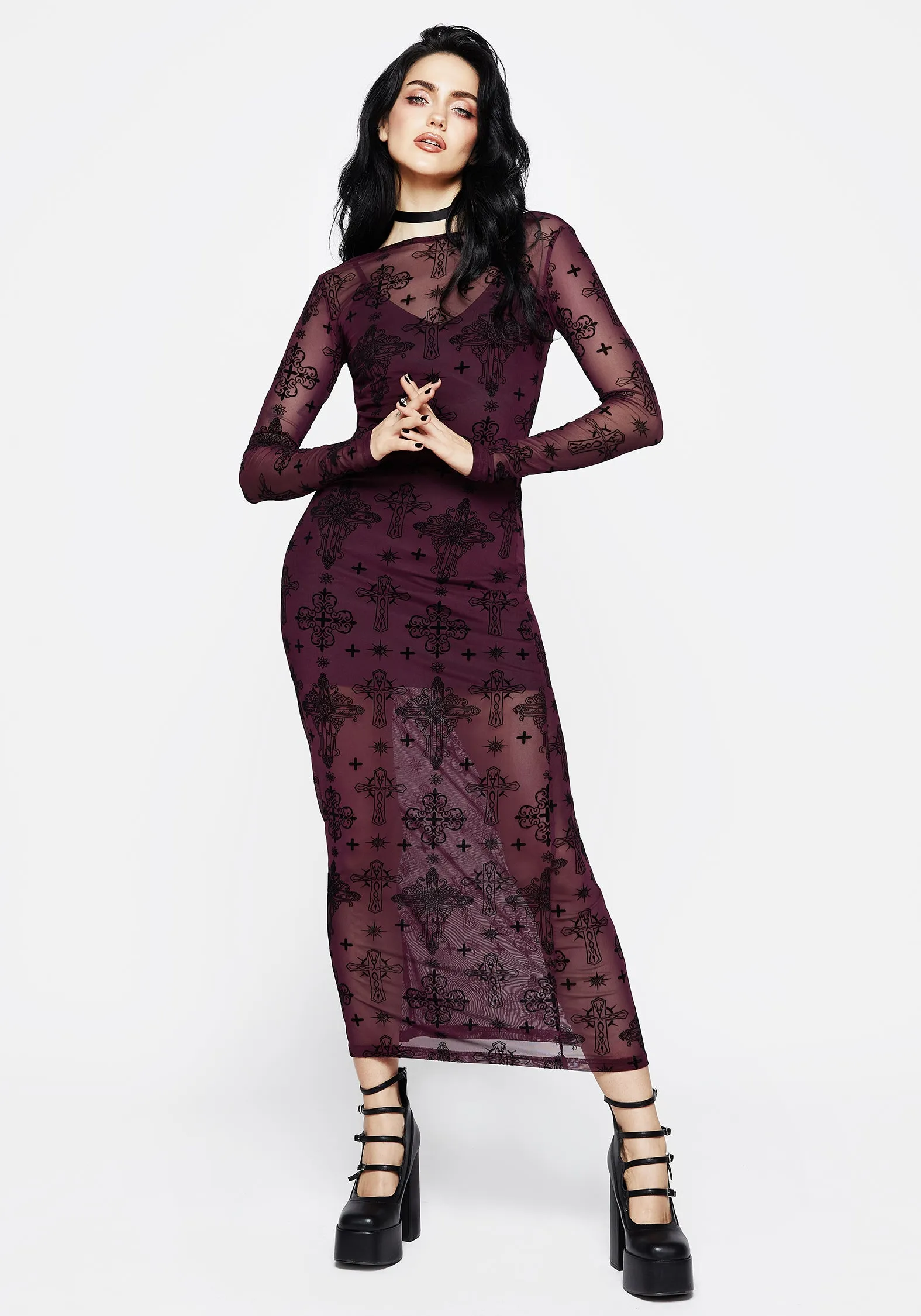 Pleat Glow Brick Glow Priestess Flocked Mesh Maxi Dress - Purple