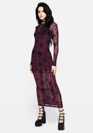 Priestess Flocked Mesh Maxi Dress - Purple Timeless Glow Bead Work