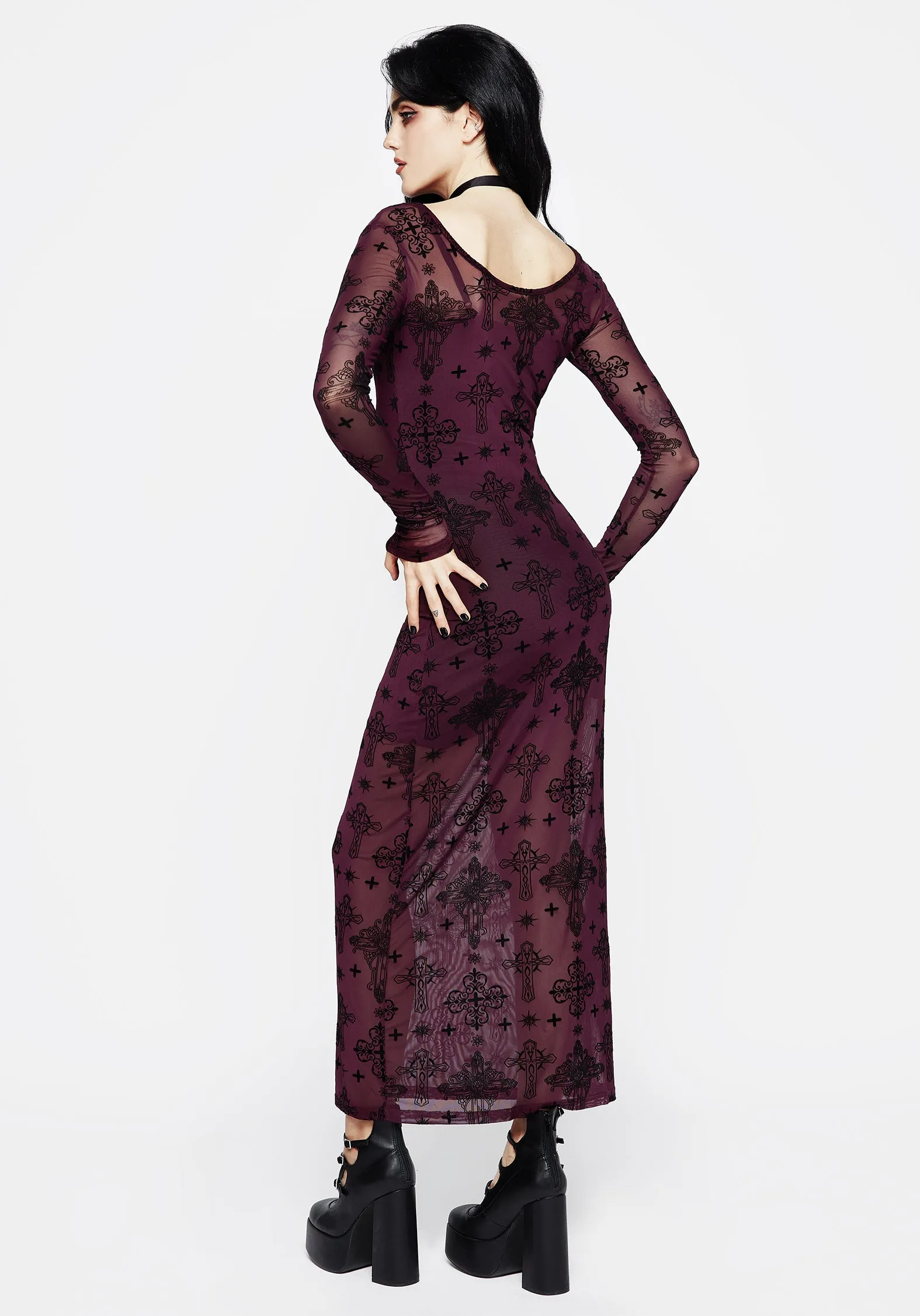 Priestess Flocked Mesh Maxi Dress - Purple Tile Court