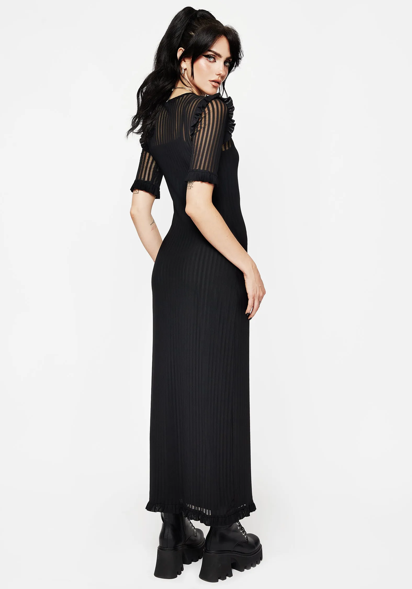 Mourning Ruffle Detail Mesh Short Sleeve Maxi Dress Fashionable bohemian maxi Country Lane