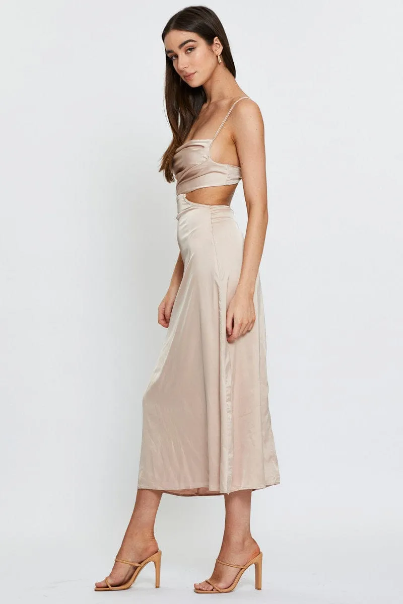 Planet View Weekend Wear Beige Midi Dress Satin