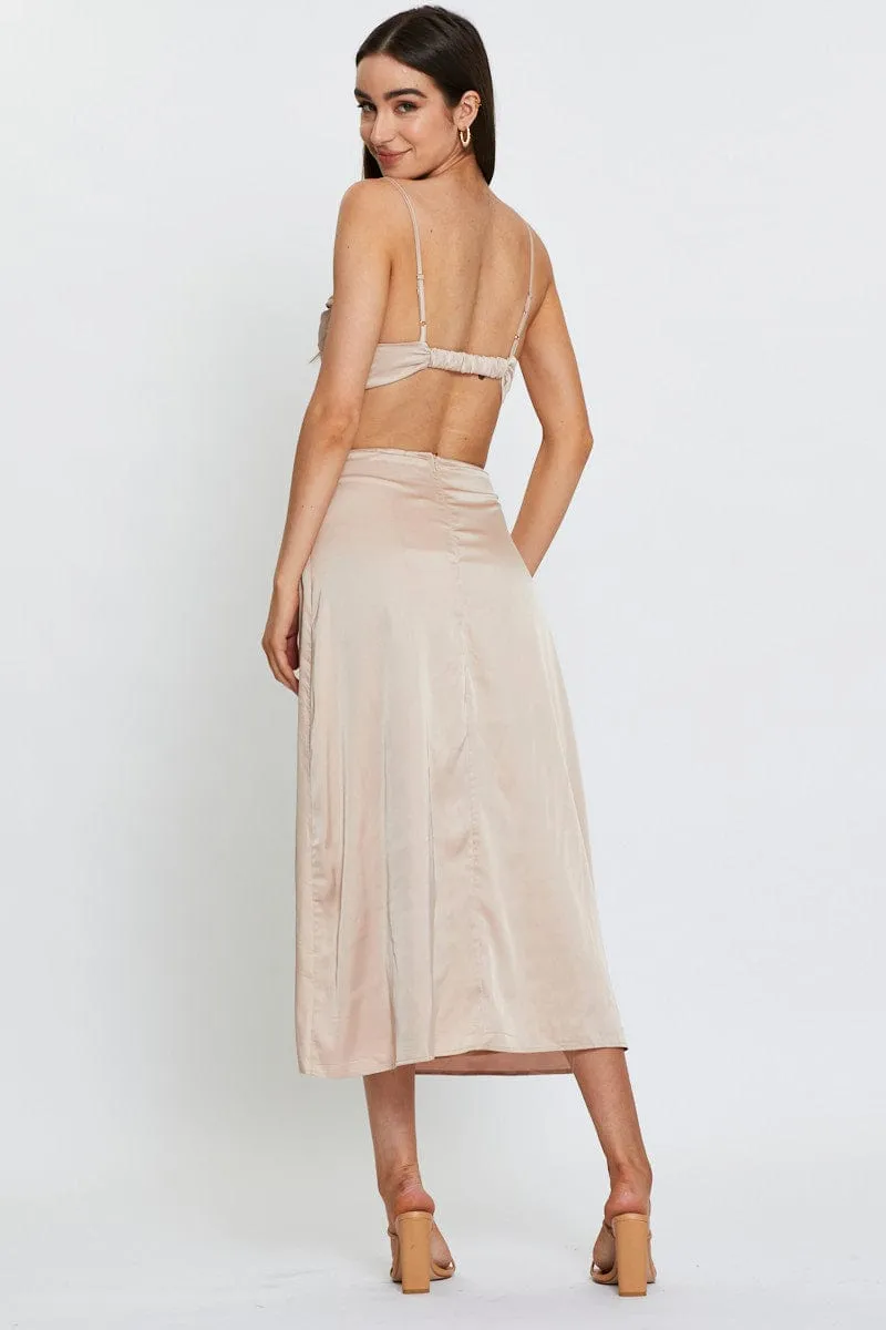 Winter Layering Beige Midi Dress Satin