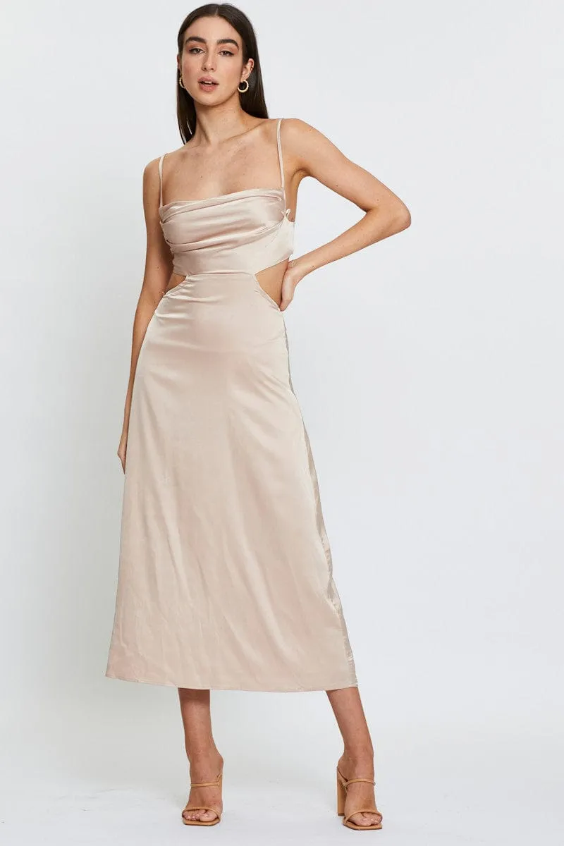 Mist Valley Vibrant Style Beige Midi Dress Satin