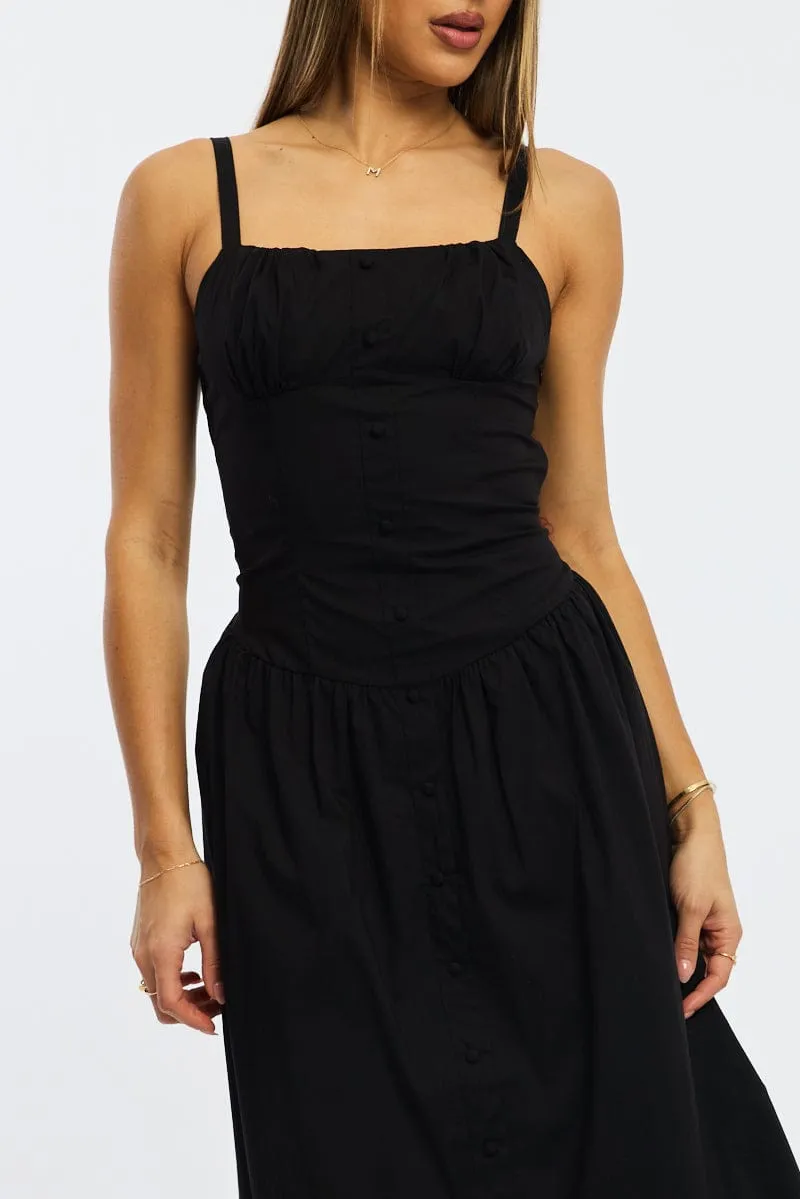 Black Midi Dress Sleeveless Poplin Summer Picnic Weather Ready