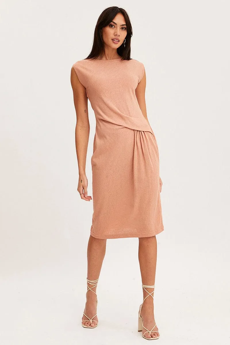 Orange Midi Dress Short Sleeve Round Neck skin friendly Light Dance