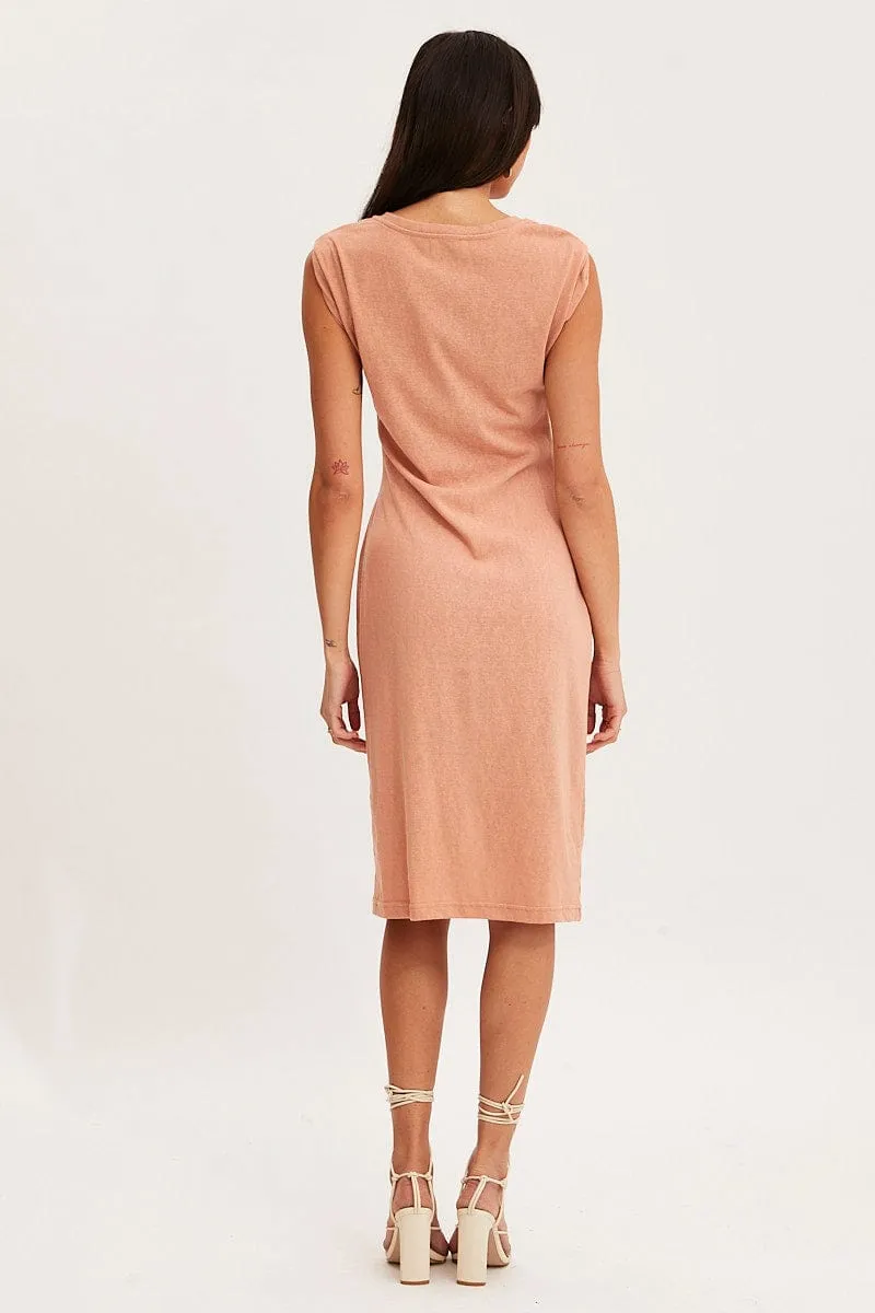 Timeless Design Orange Midi Dress Short Sleeve Round Neck