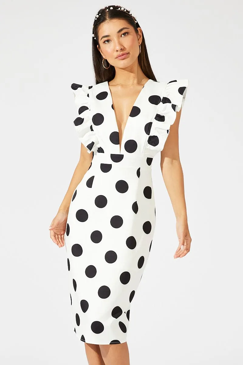 Rain Safe Black Polka Dot Midi Dress Plunge Ruffle Shoulder Oversized Polka