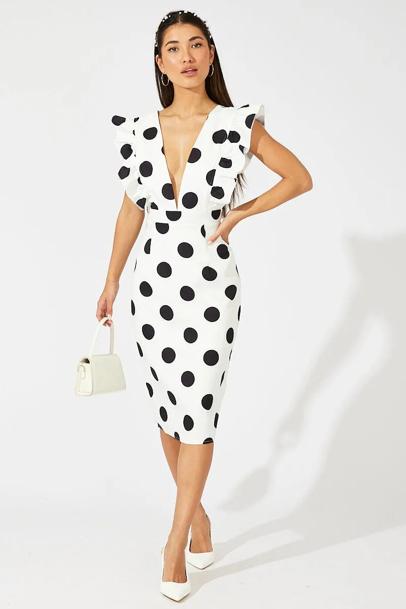 Black Polka Dot Midi Dress Plunge Ruffle Shoulder Oversized Polka Japanese Neat