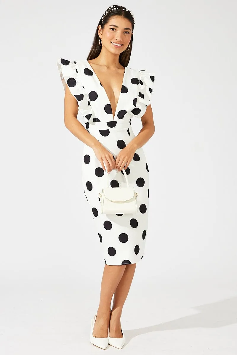 american casual Black Polka Dot Midi Dress Plunge Ruffle Shoulder Oversized Polka