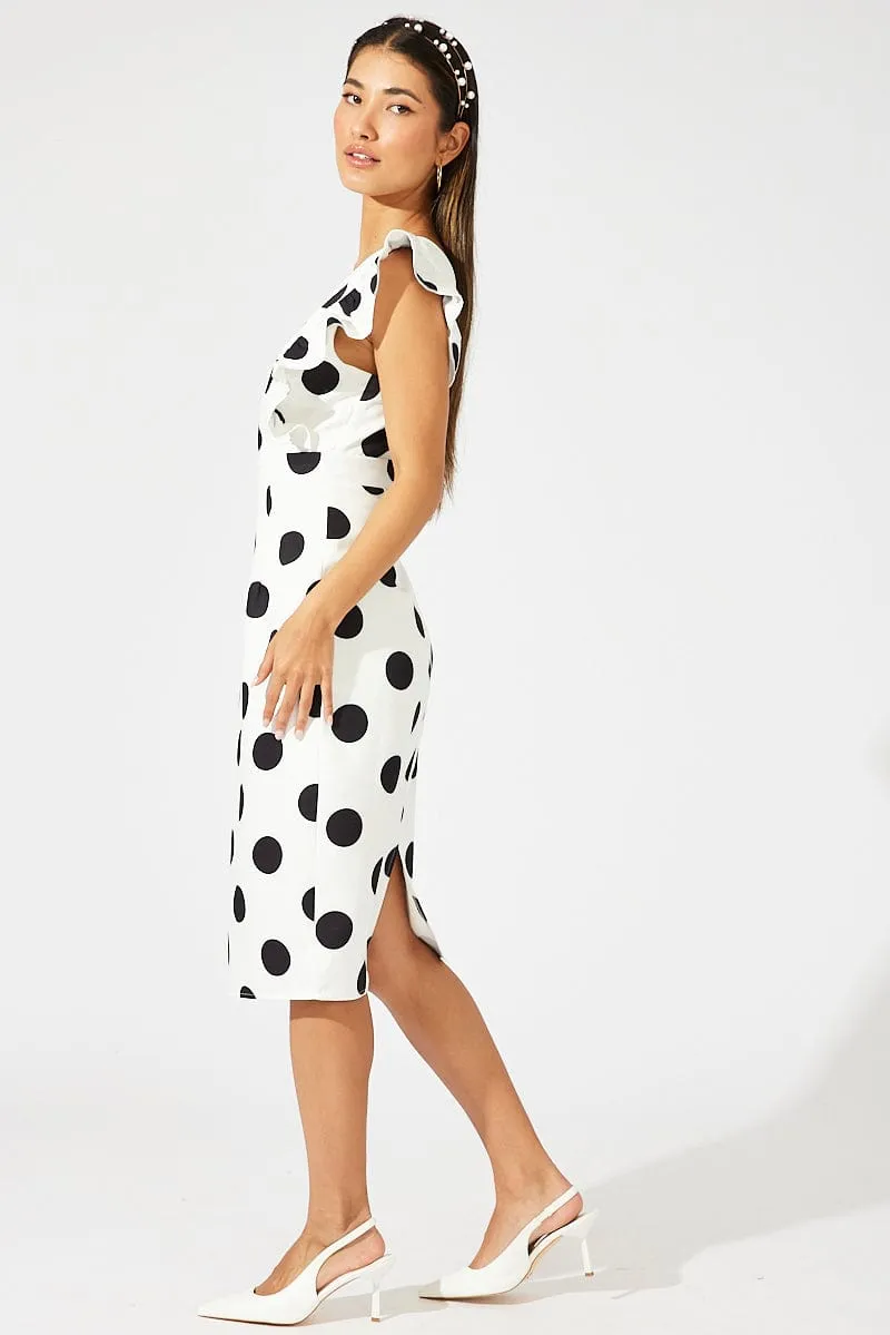 Free Movement Black Polka Dot Midi Dress Plunge Ruffle Shoulder Oversized Polka