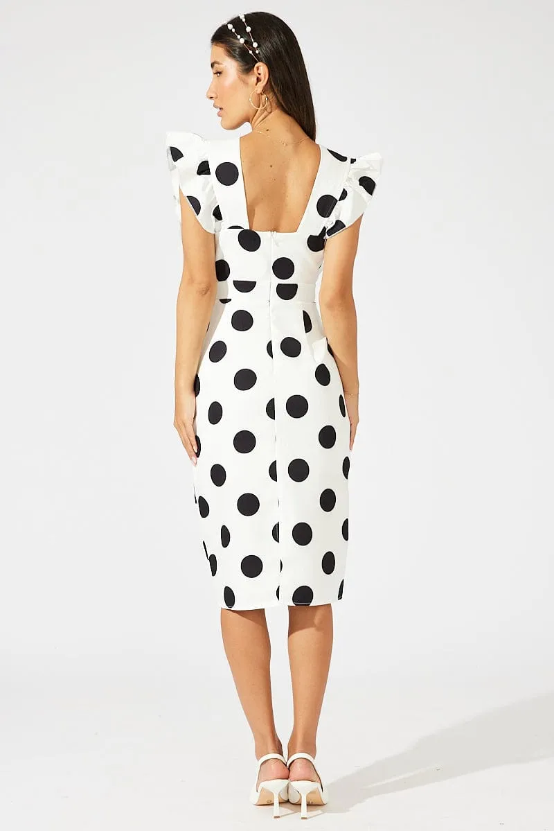Chic Choices Black Polka Dot Midi Dress Plunge Ruffle Shoulder Oversized Polka