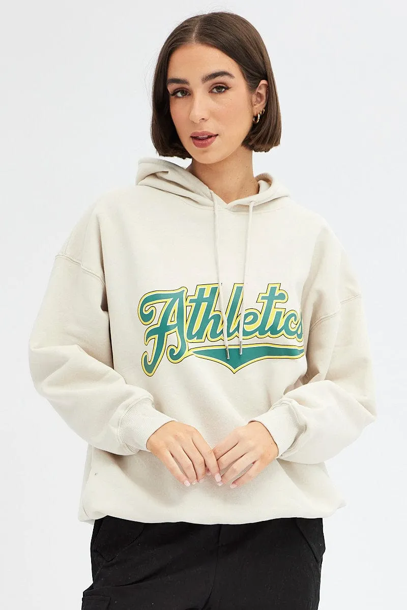 Casual Elegance Beige Graphic Sweater Long Sleeves