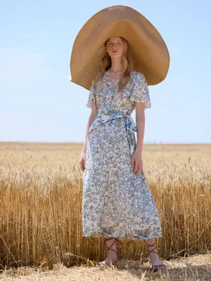 19 Momme Mulberry Silk V-Neck Print Women Maxi Dress Elegant Wear AntibacterialMaterial