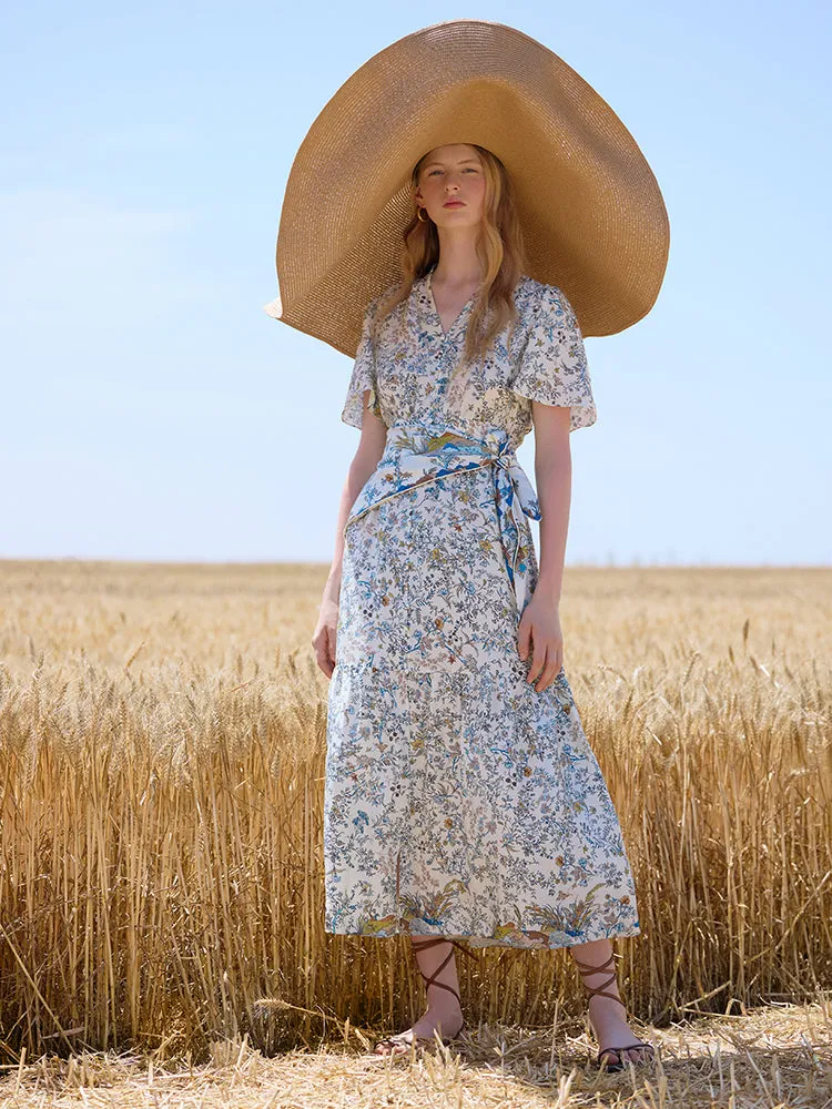 19 Momme Mulberry Silk V-Neck Print Women Maxi Dress Calm Ease Casual dress