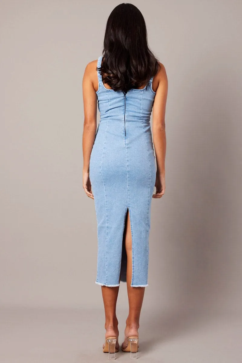Bold Dresser Elegant Look Denim Midi Dress Sleeveless Denim