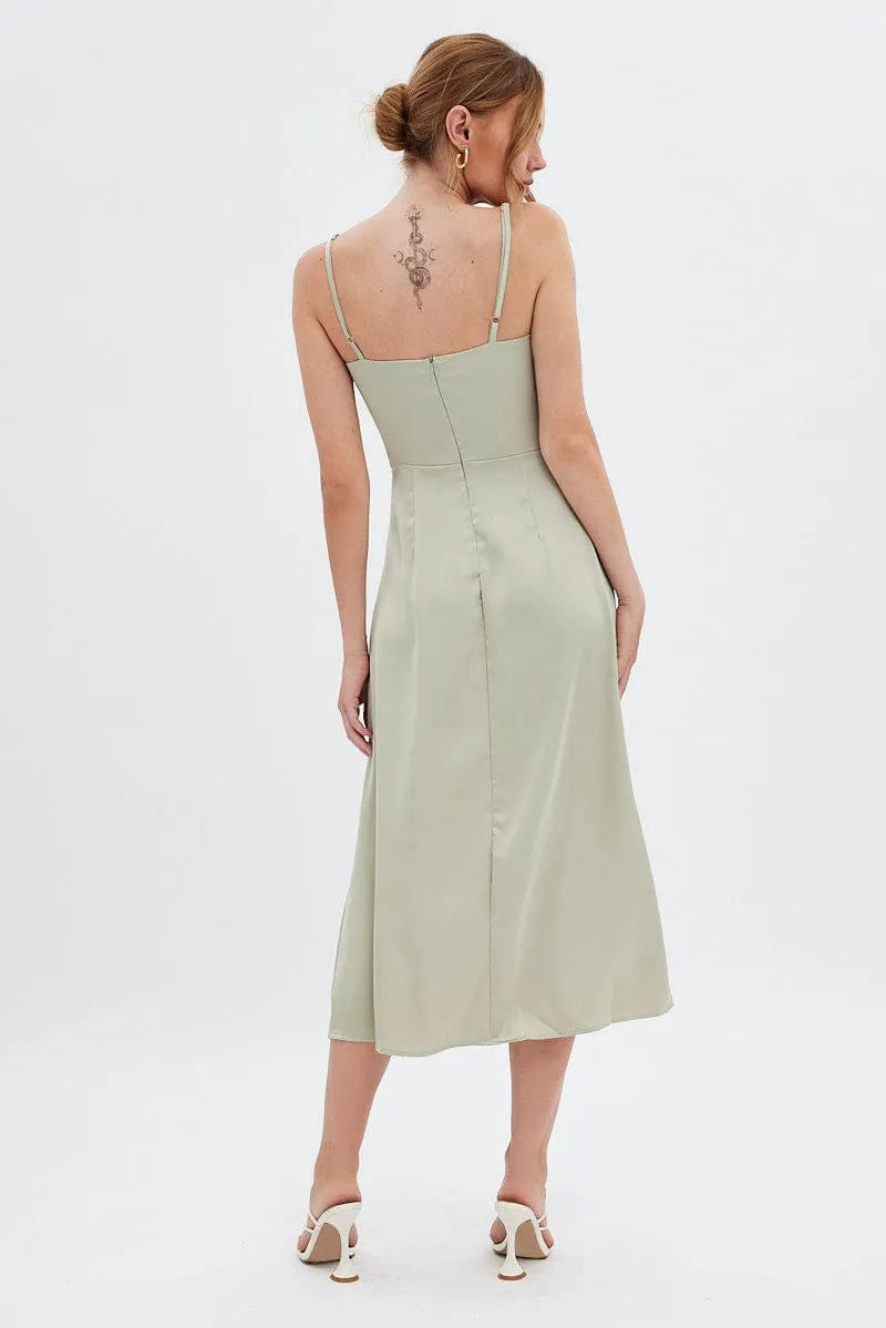 Green Midi Dress Cowl Neck Satin Flower Lane