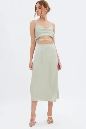 Gallery Tour Sophisticated Touch Green Midi Dress Cowl Neck Satin