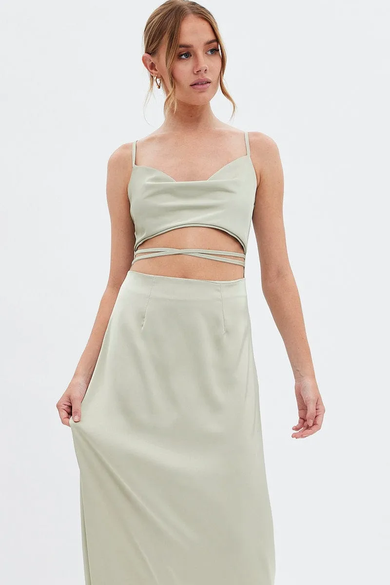Comfortable casual midi Flower Lane Green Midi Dress Cowl Neck Satin