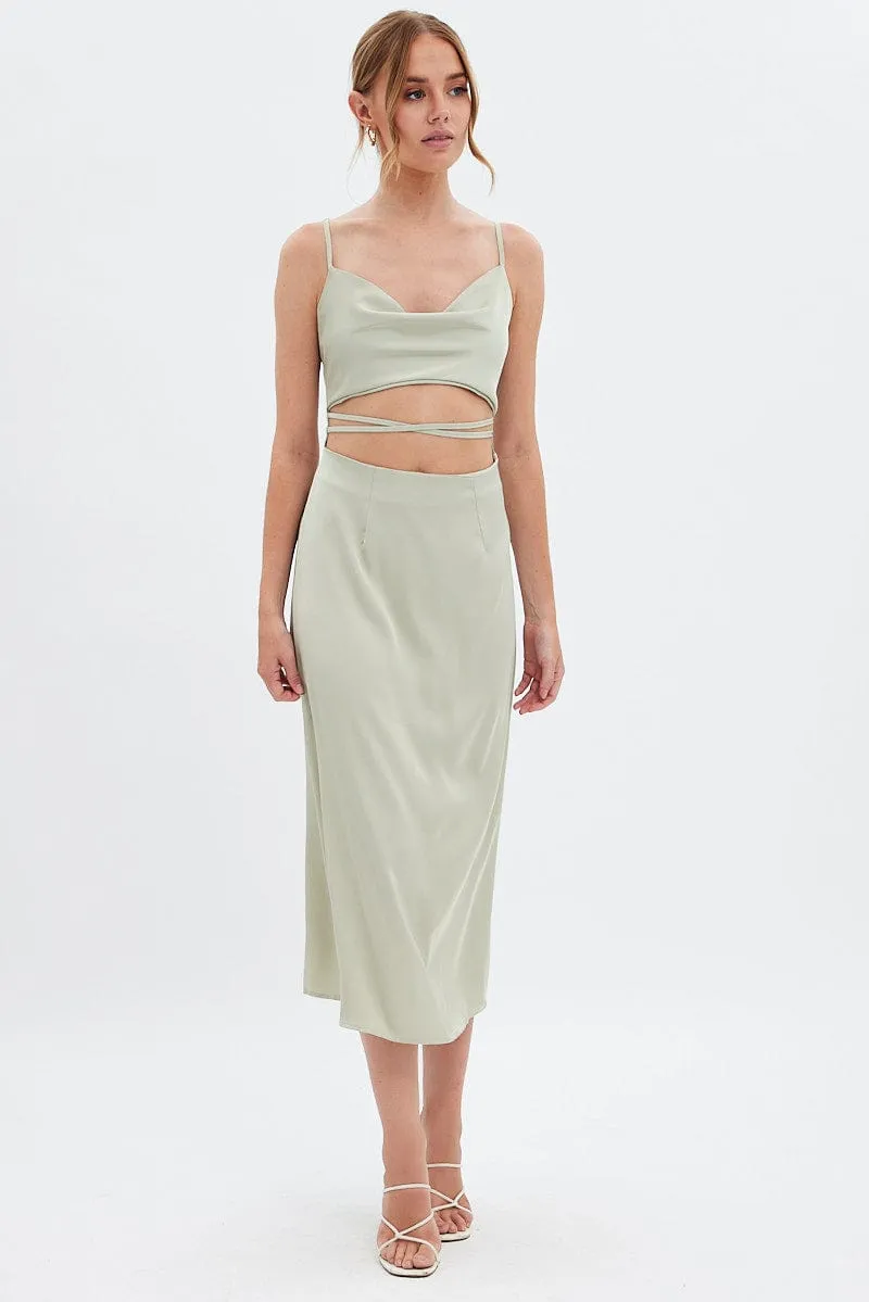 Green Midi Dress Cowl Neck Satin Soft fabric knee-length dress Korean Soft
