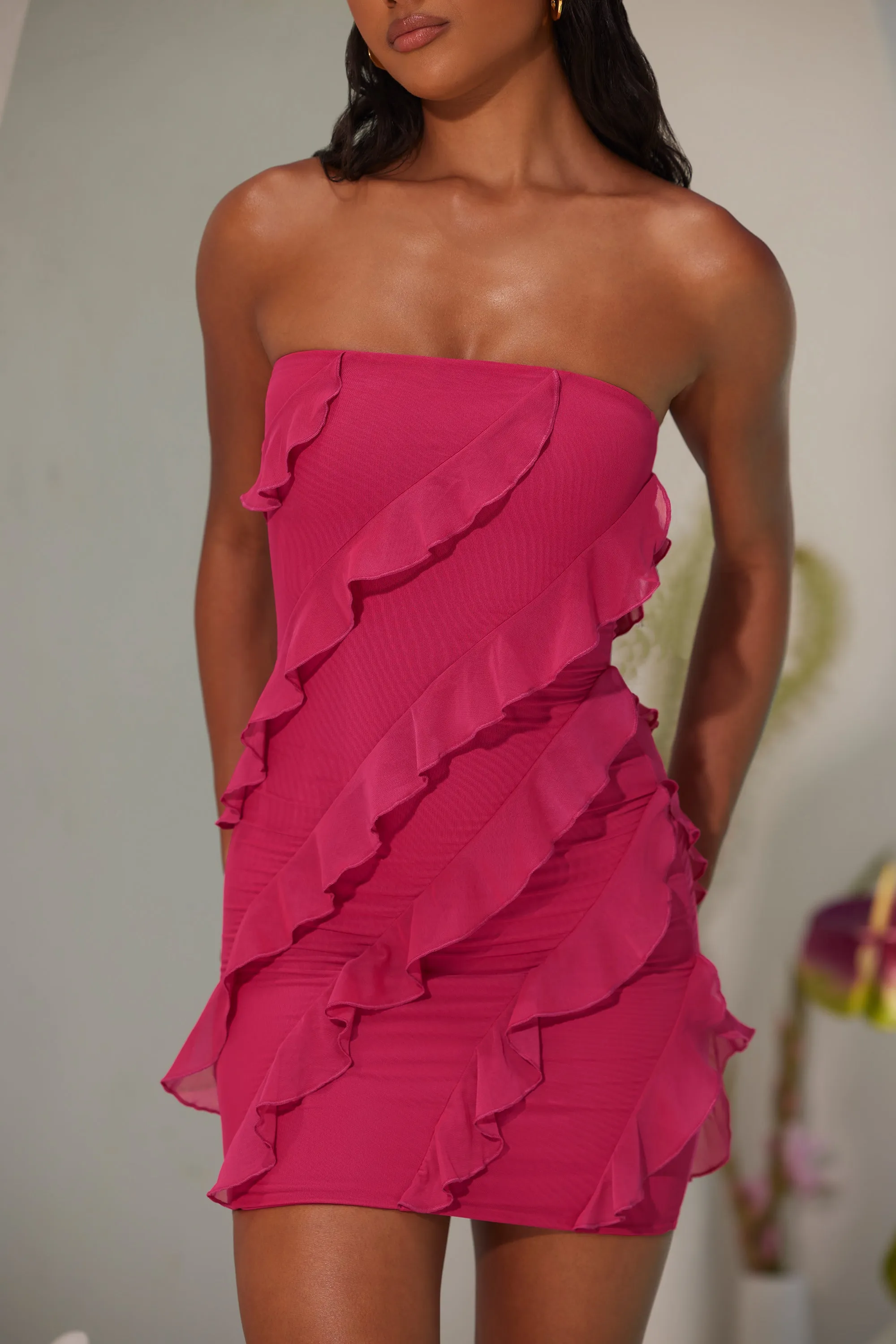 Vibrant color Bandeau Ruffle Detail Mini Dress in Fuchsia